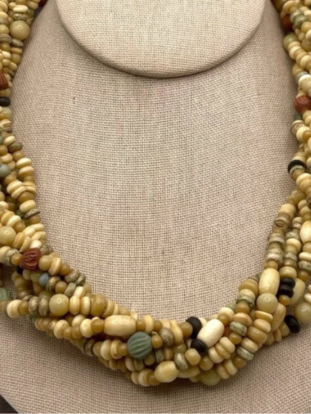 Vintage Multi Strand Wood Bead and Stone Torsade Necklace Statement Pc